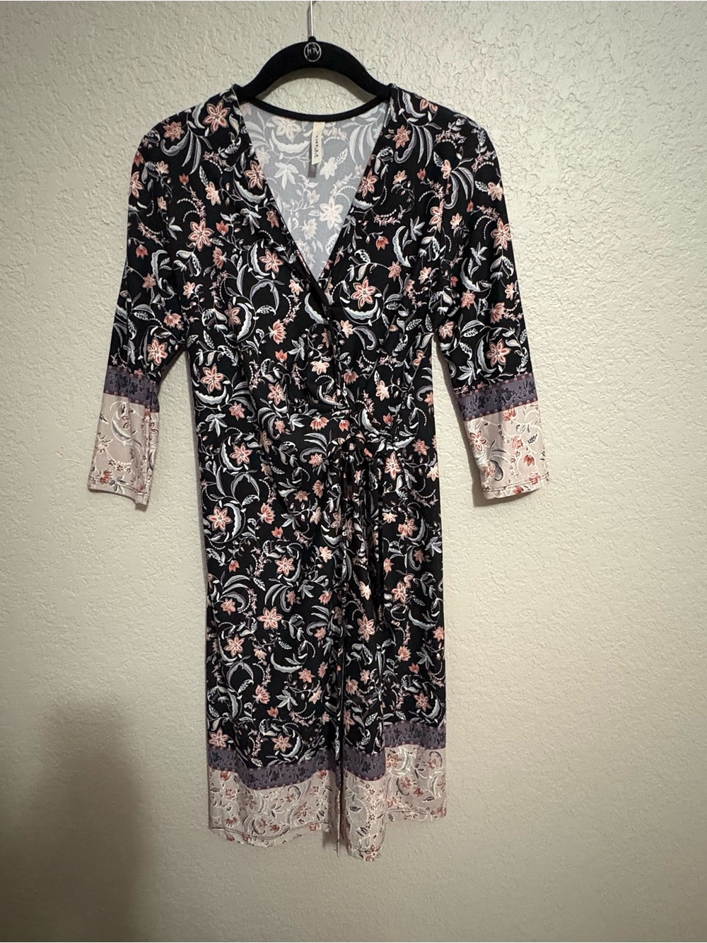 GILLI Women’s Small Black Floral Faux Wrap Midi Dress 3/4 Sleeve Made in USA